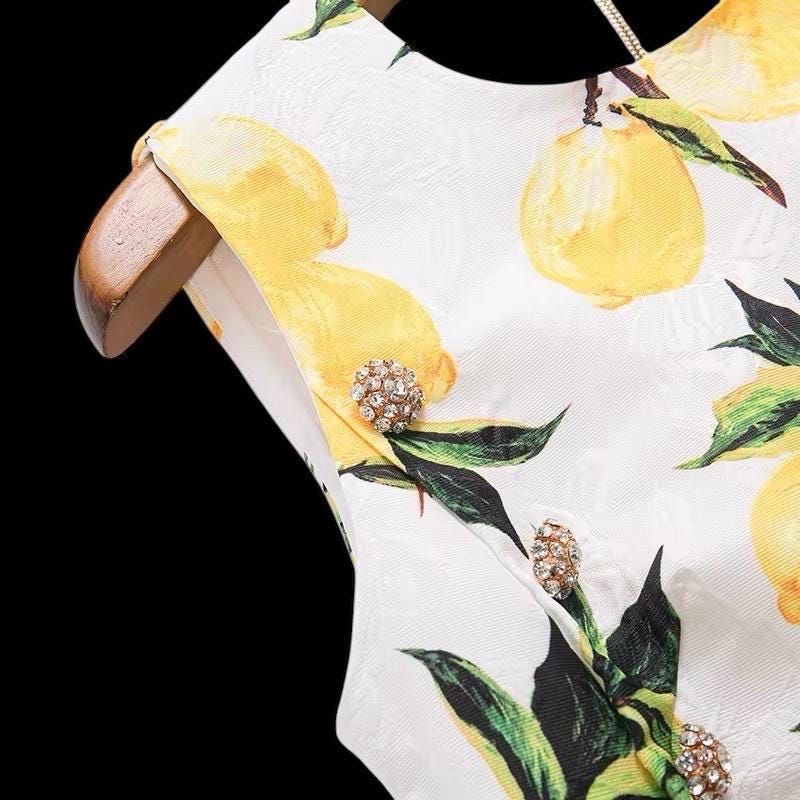 Handmade Italian designer white Brocade Lemons print sleeveless mini dress with gemstone buttons