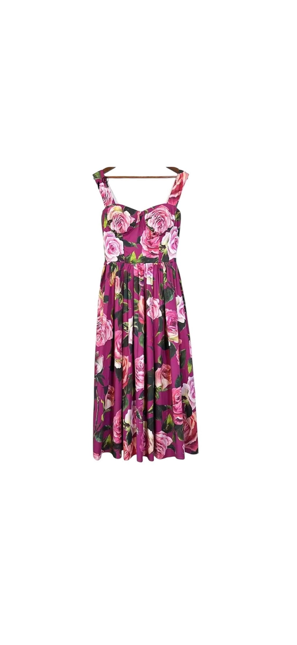 Italian Luxury designer Magenta Roses print push up 100% cotton dress