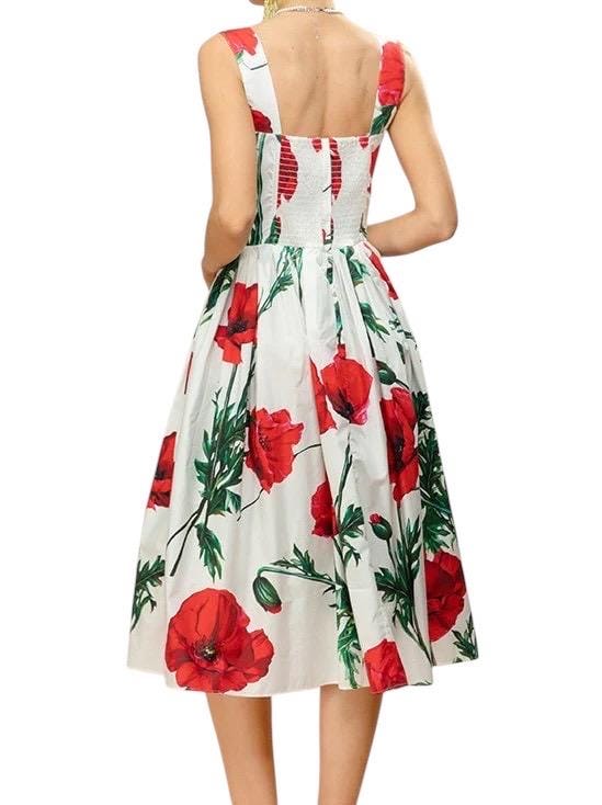 Handmade Italian designer Poppies print push up cotton dress