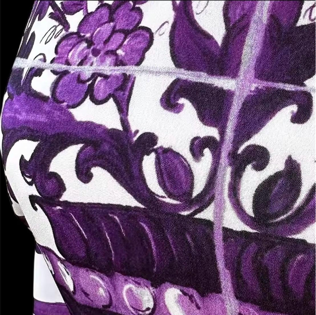 Italian Silk Occasion Dress: Purple Majolica Print, Full Sleeves