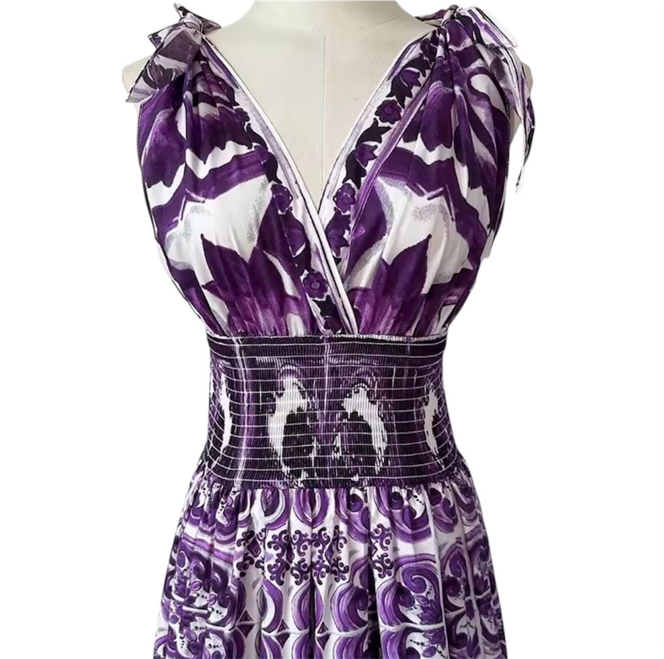 Handmade Italian Majolica Print Dress: Purple Cotton Shirt Sleeve