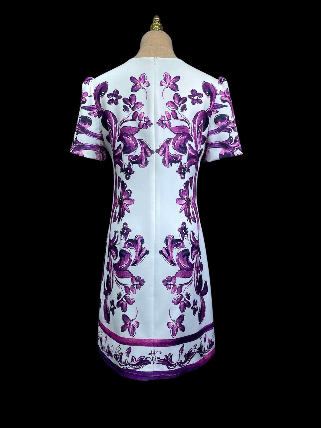 Italian Majolica Print Dress: Rhinestone Detail, Purple Cotton Blend