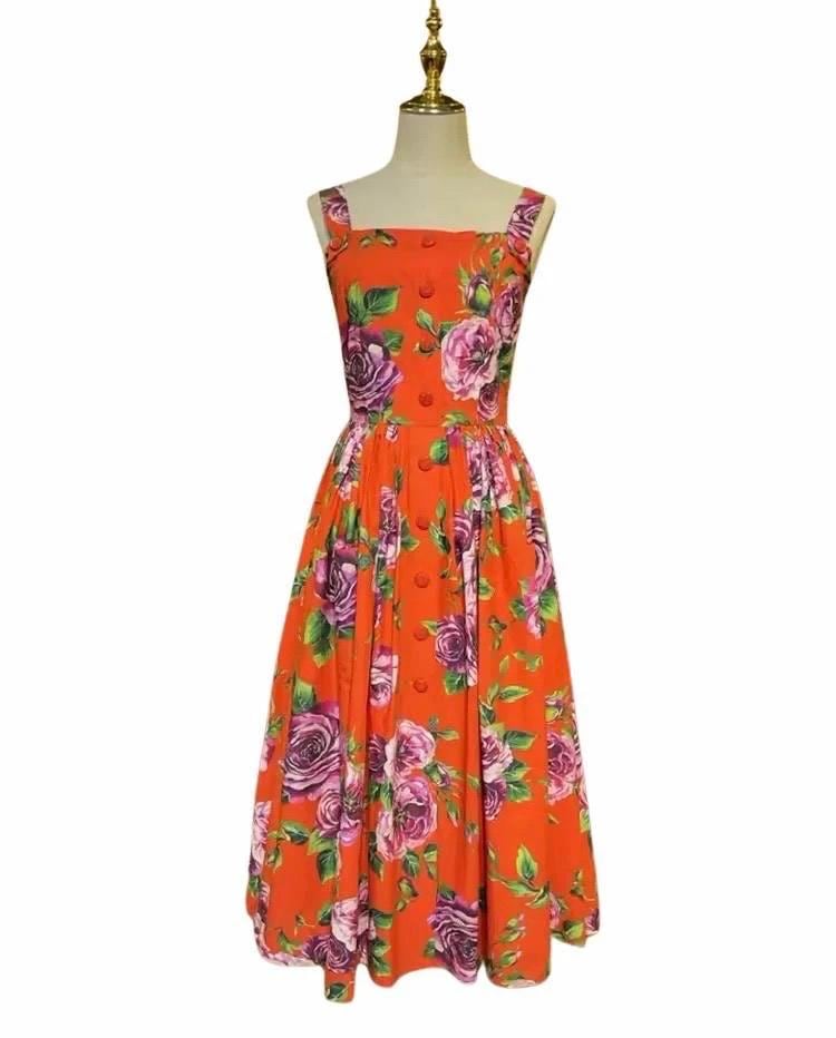 Handmade Italian Cotton Sundress: Roses Print Sleeveless Dress