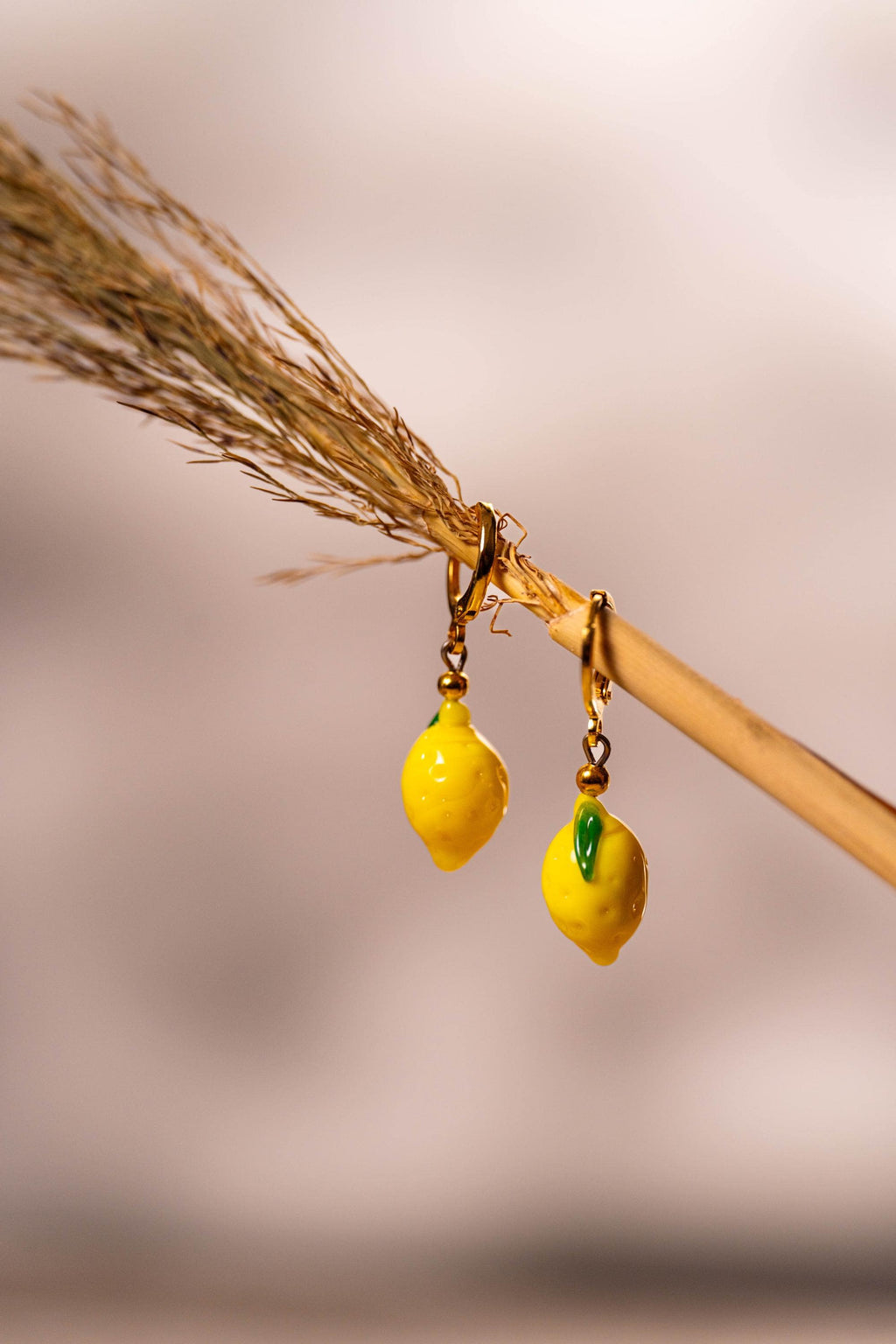 Handmade Murano Glass Lemon Earrings: Gold Plated Hoop Charm