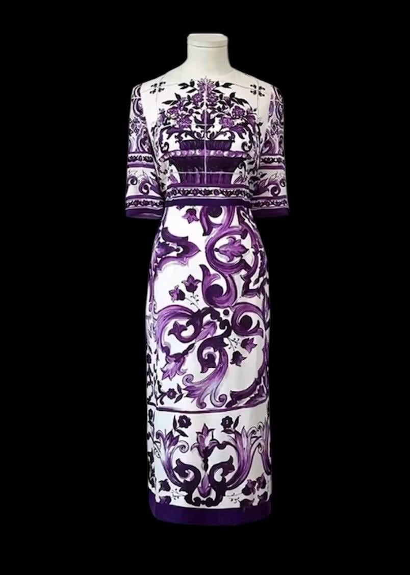 Italian Silk Occasion Dress: Purple Majolica Print, Full Sleeves