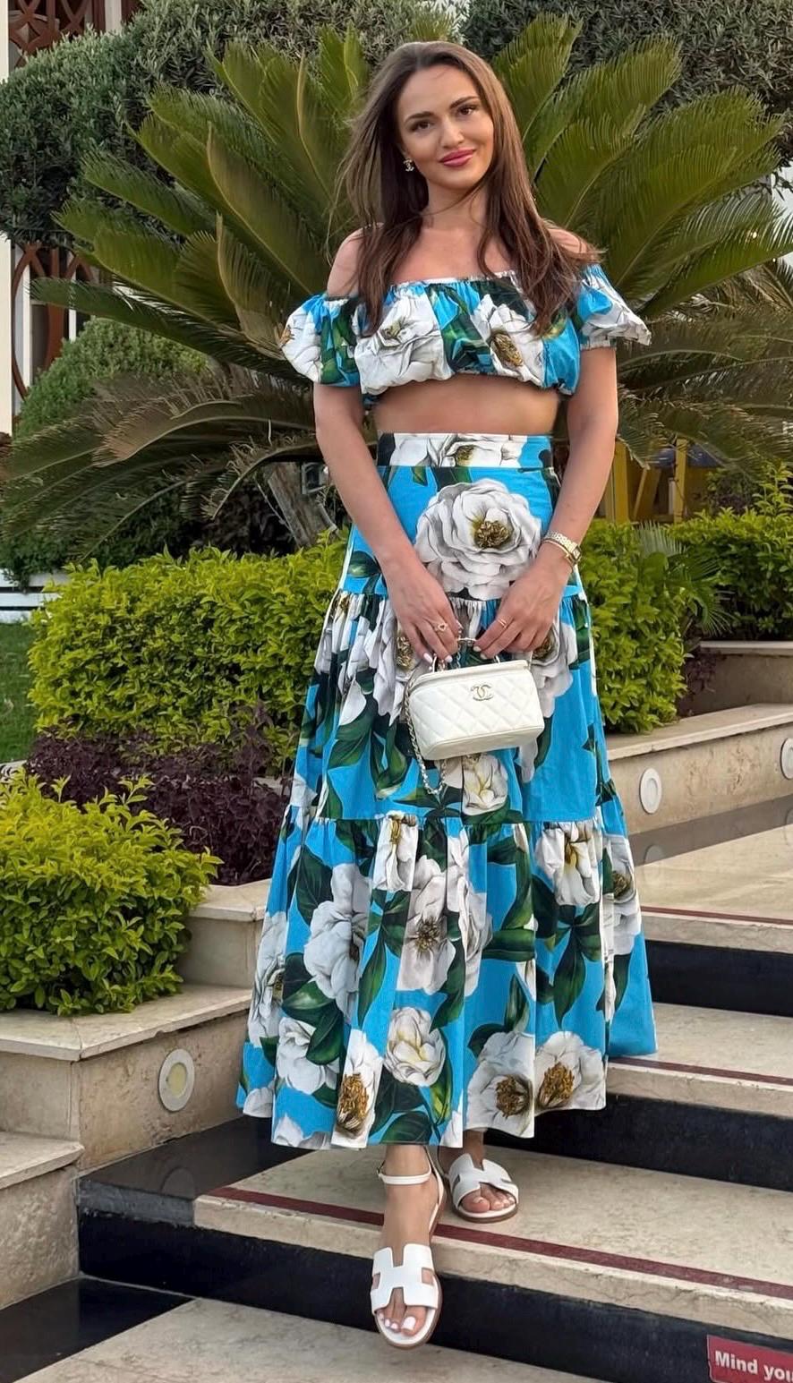 Handmade Italian designer Long ruffled skirt in gardenia-print cotton and blouse | Gardenia Print set
