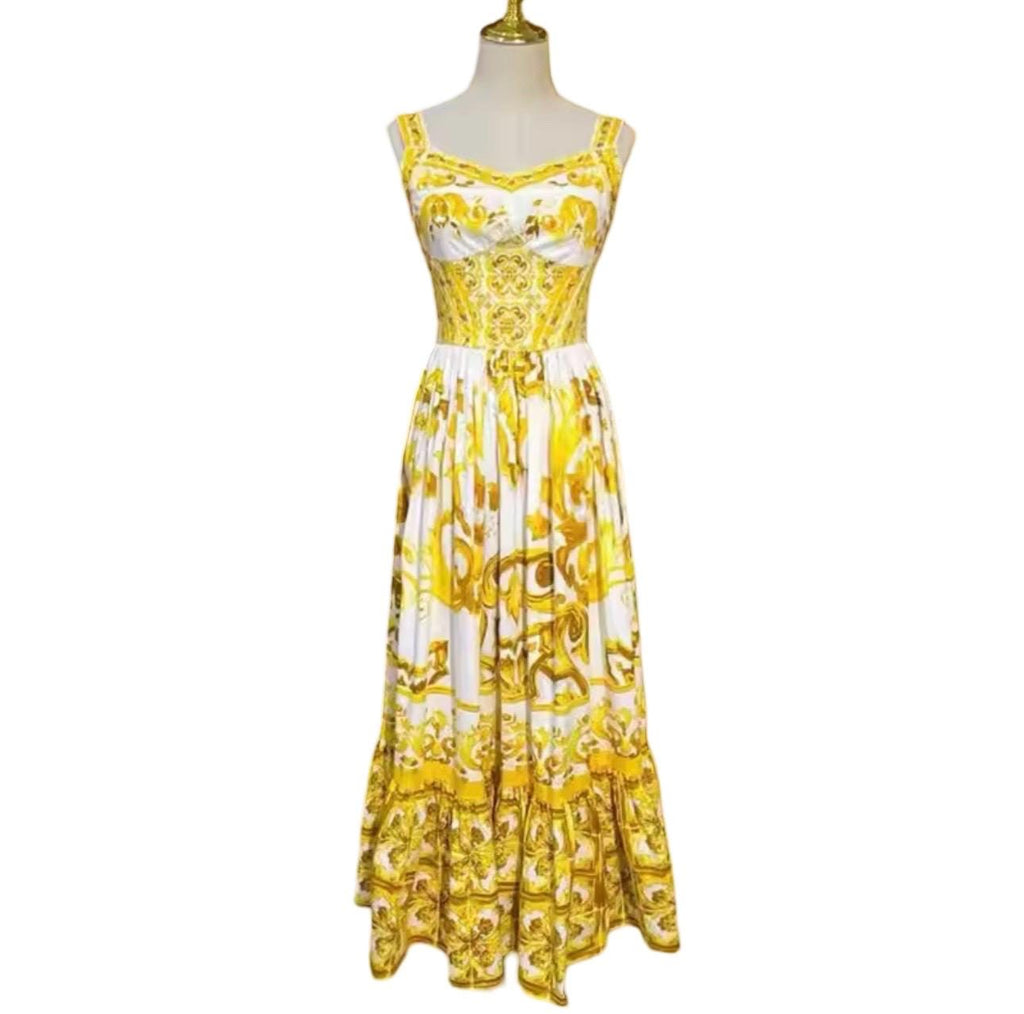 Handmade Italian Cotton Corset Dress: Majolica Print Calf-Length