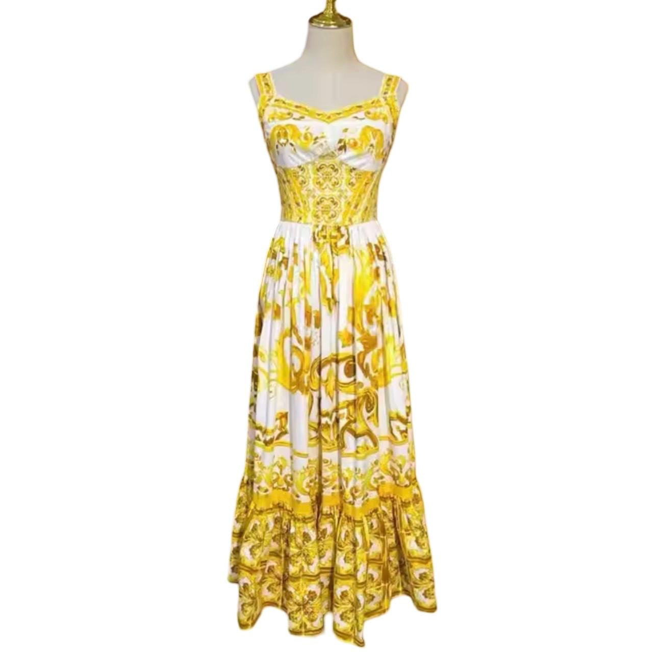 Handmade Italian Cotton Corset Dress: Majolica Print Calf-Length