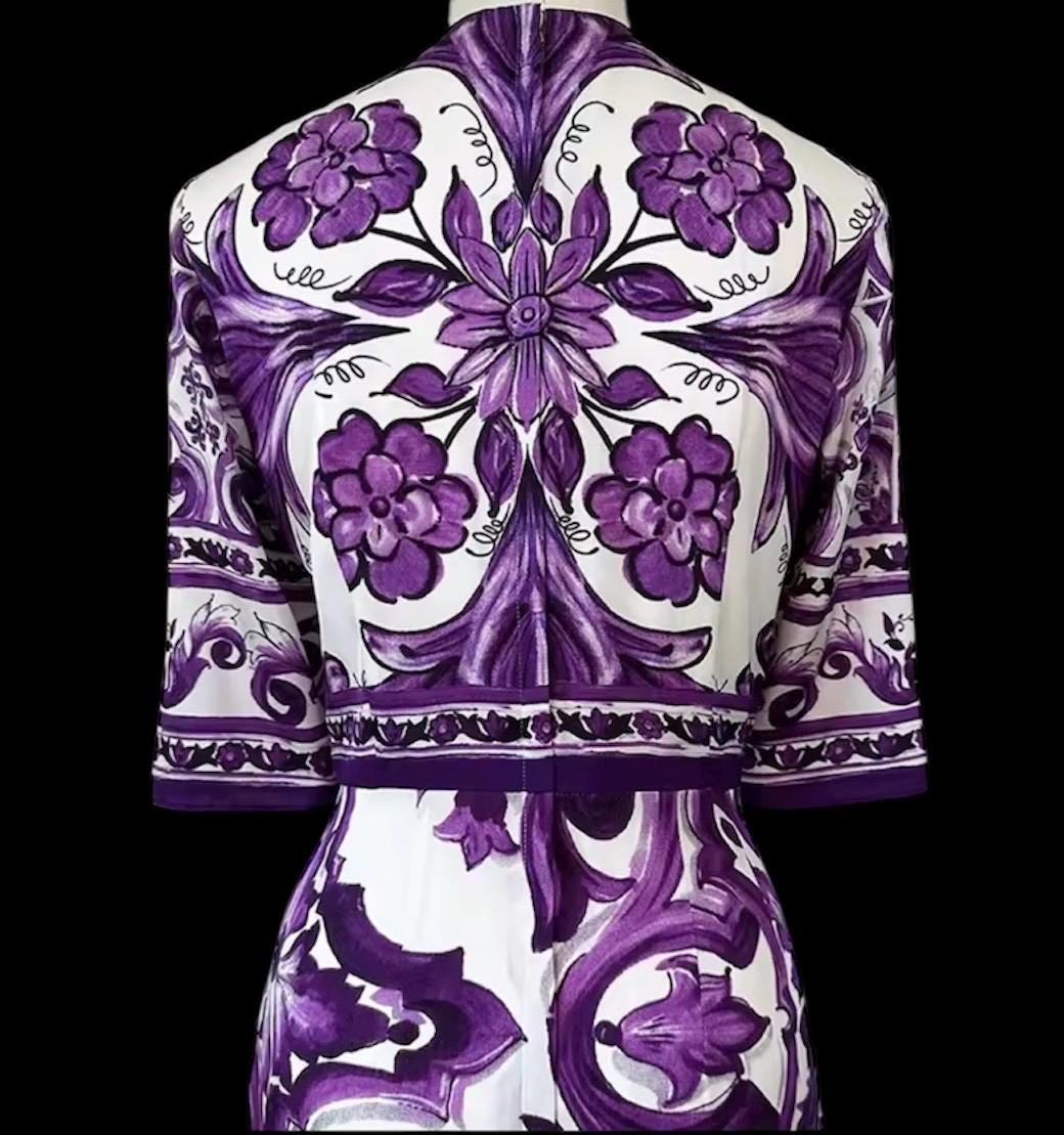 Italian Silk Occasion Dress: Purple Majolica Print, Full Sleeves
