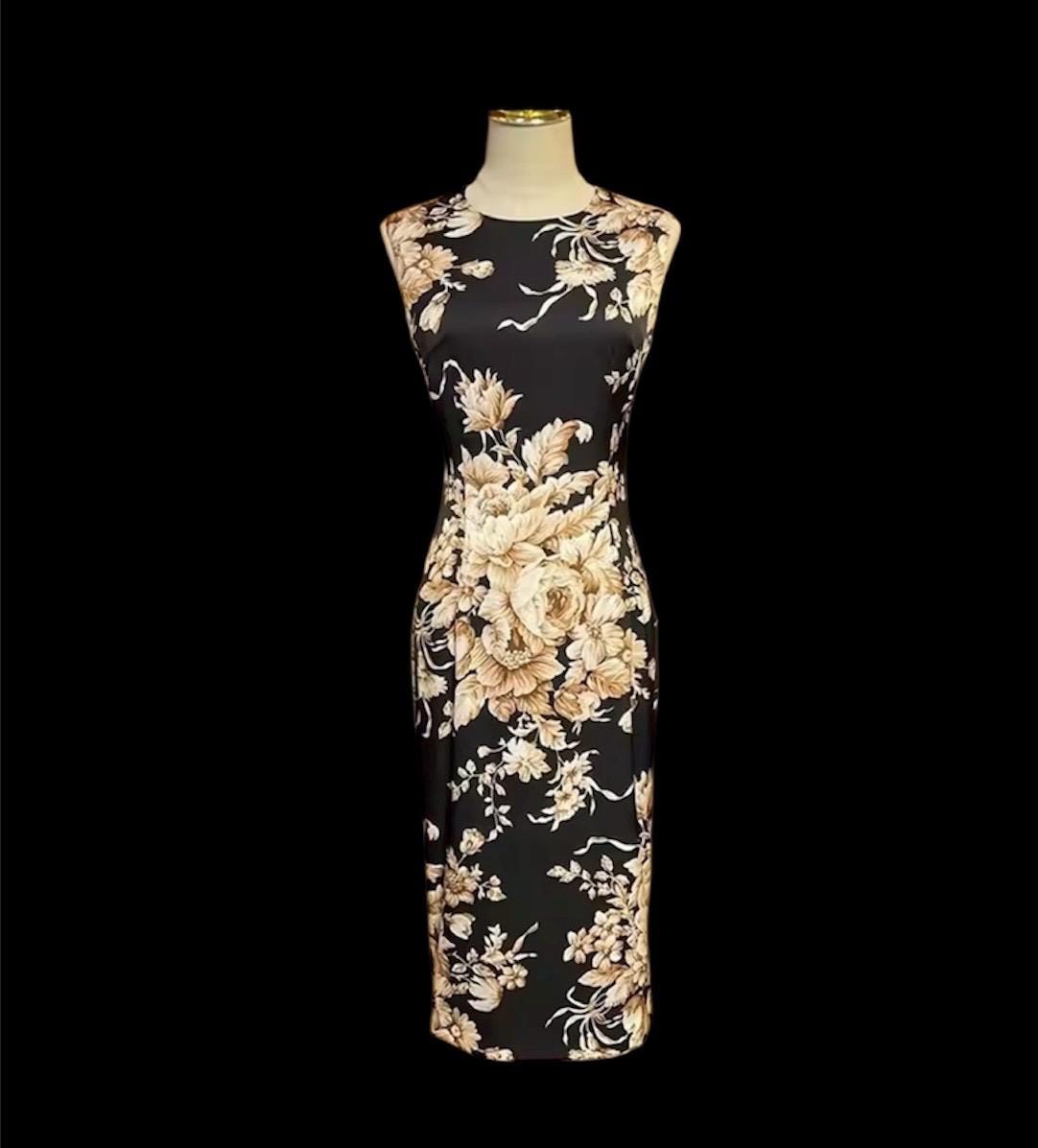 Handmade Italian Long sleeves Floral print 100% silk dress Black color