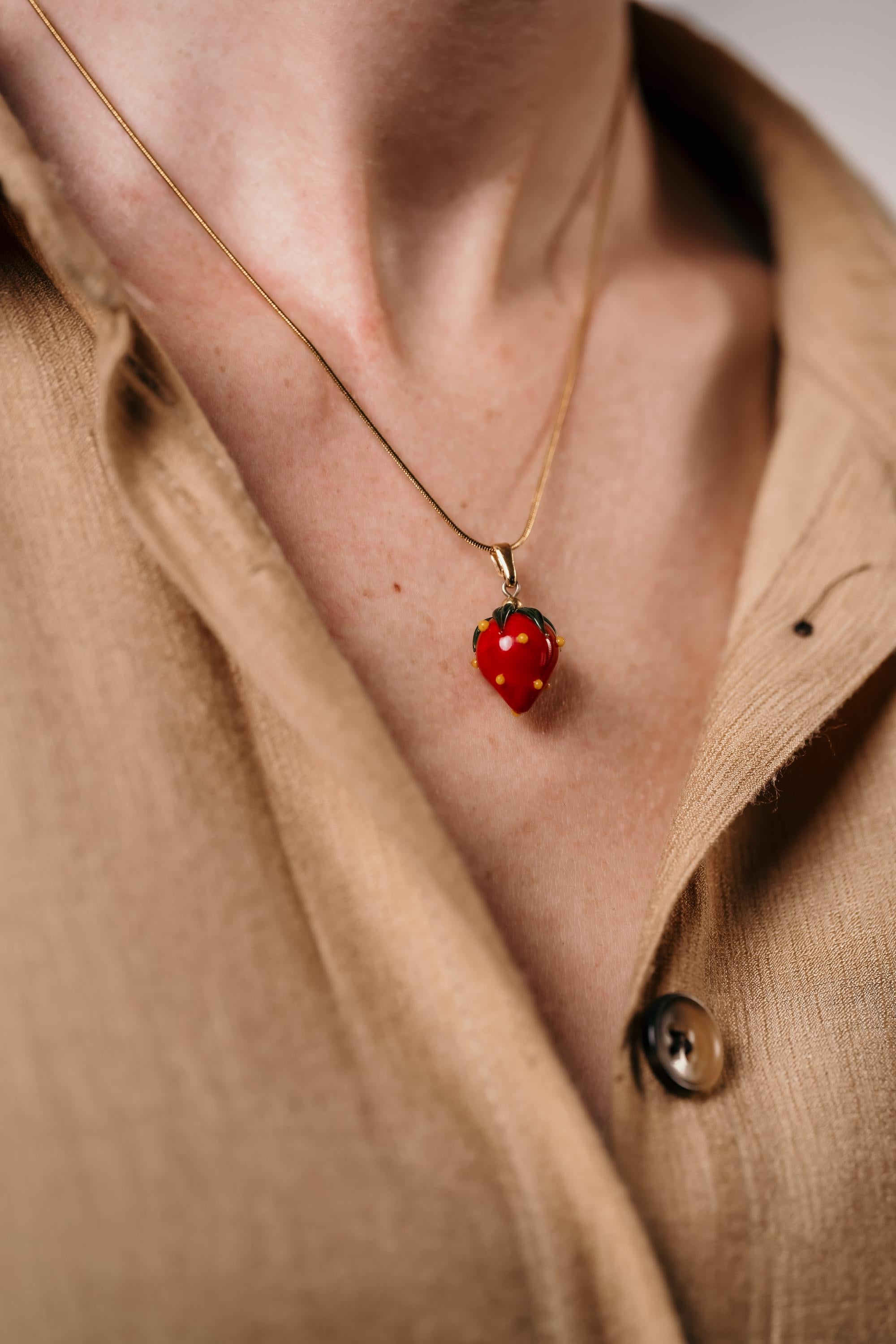 Handmade Murano Glass Strawberry Necklace: Gold Plated Charm