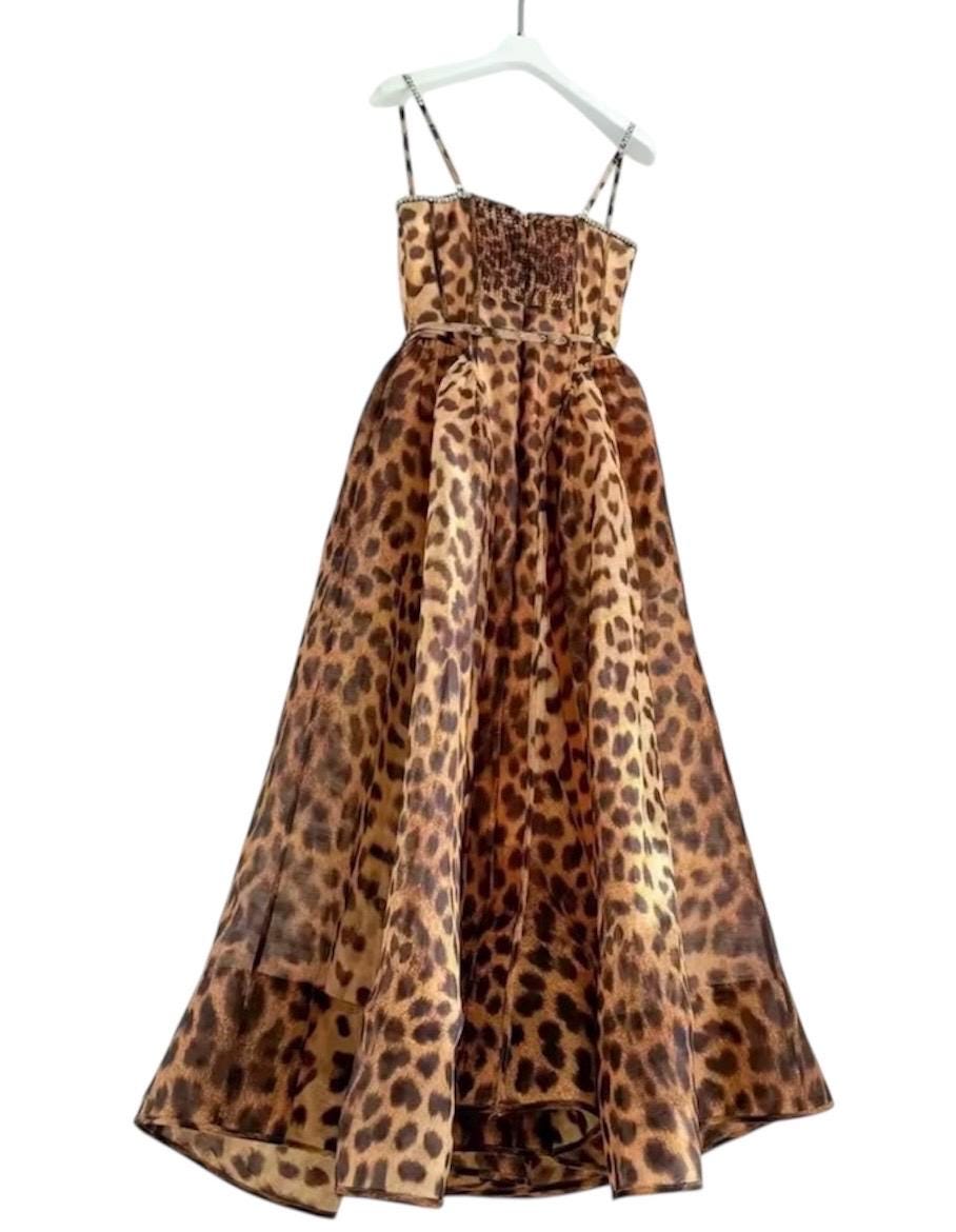 Handmade Italian Linen Silk Midi Dress: Leopard Print, Swarovski Crystals