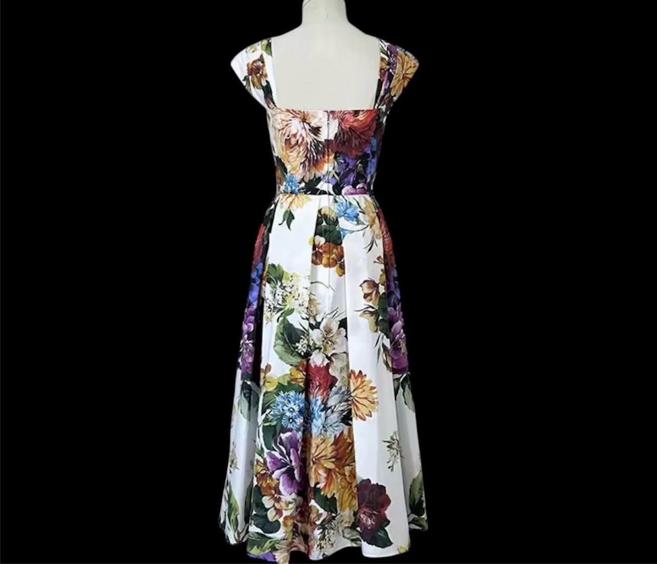 Handmade Italian Cotton Floral Midi Dress: Designer Summer Dress
