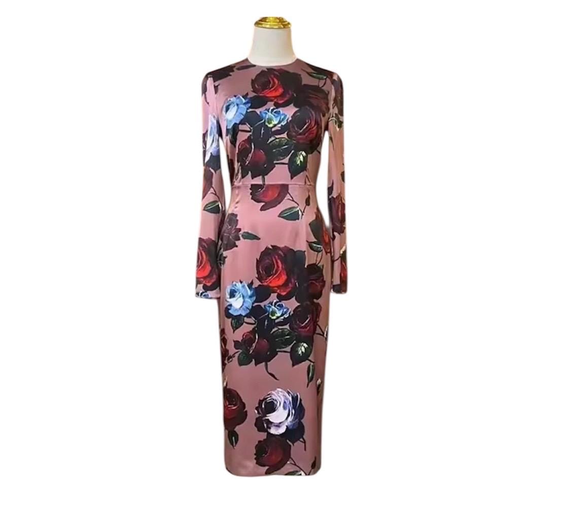 Italian Luxury Designer Floral long sleeve pure silk midi dress