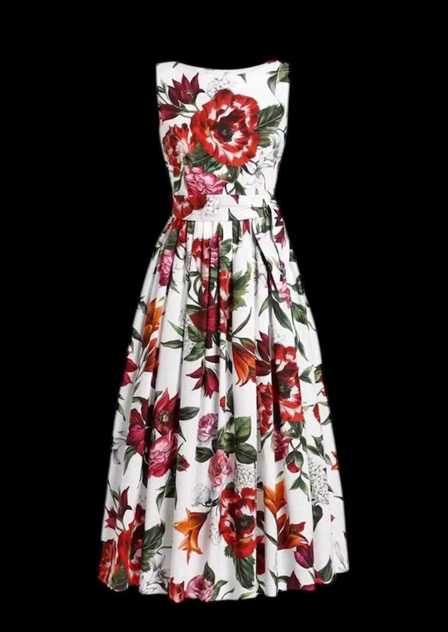 Handmade Italian designer Floral Pleated Popeline Midi Dress With Belt dress
