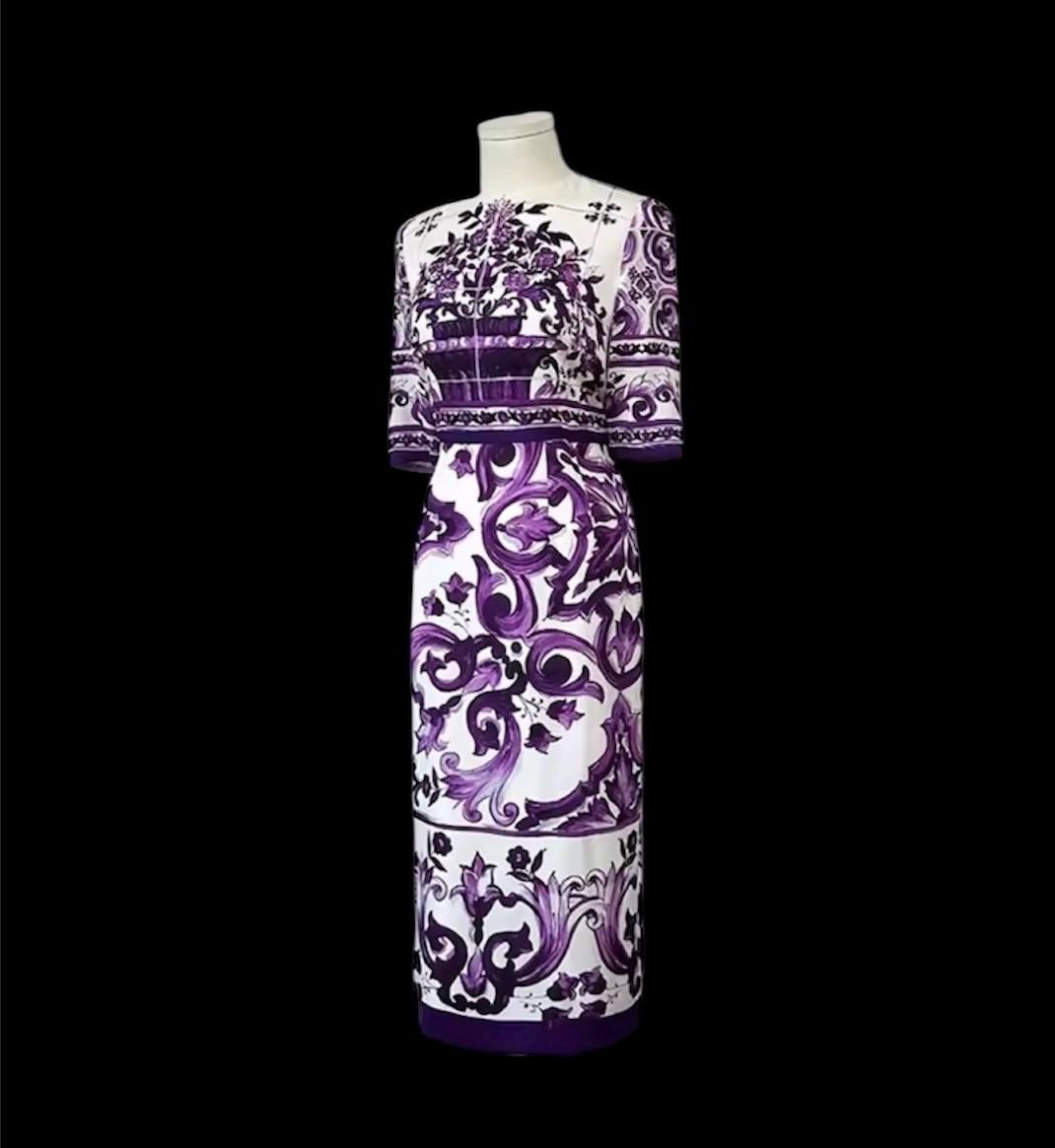 Italian Silk Occasion Dress: Purple Majolica Print, Full Sleeves
