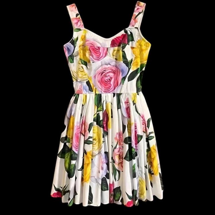 Italian Luxury Pink and Yellow roses print sleeveless 100% cotton dress