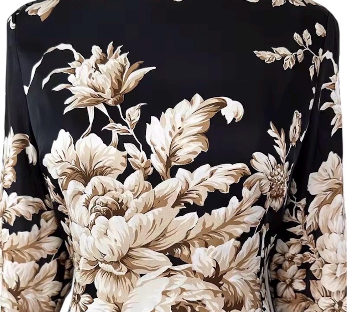 Handmade Italian Long sleeves Floral print 100% silk dress Black color