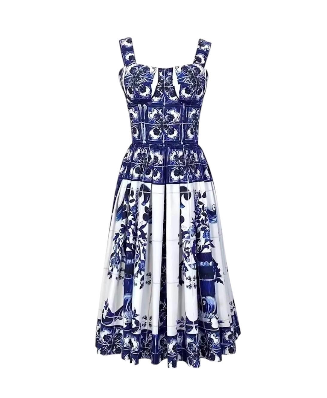 Handmade Italian designer Majolica-print blue color  midi dress push up cotton dress