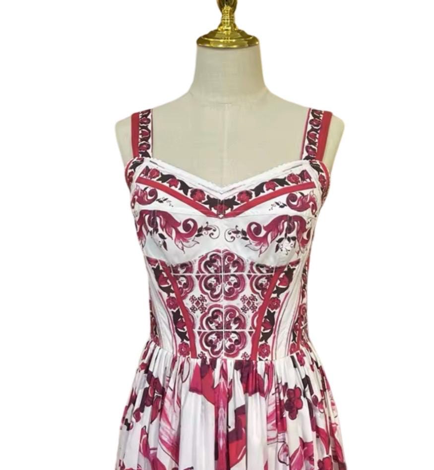 Handmade Italian Tiles Majolica Print 100% cotton Porcelain Print Long Sundress Red color