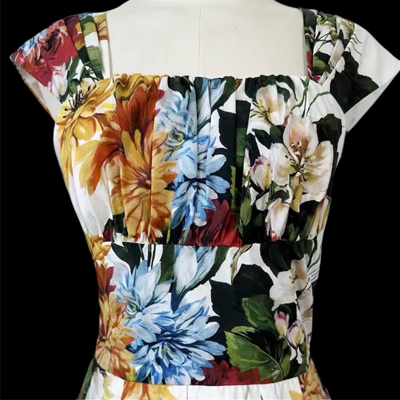 Handmade Italian Cotton Floral Midi Dress: Designer Summer Dress