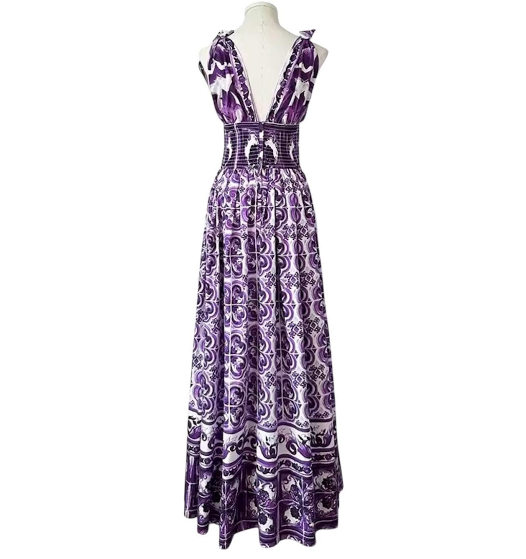 Handmade Italian Majolica Print Dress: Purple Cotton Shirt Sleeve