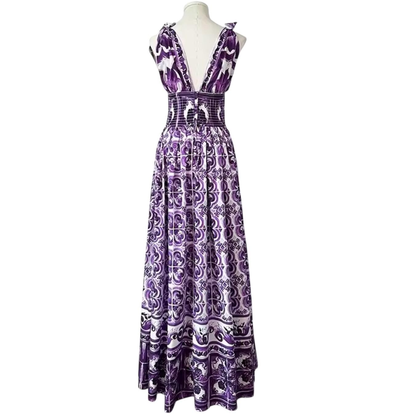 Handmade Italian Majolica Print Dress: Purple Cotton Shirt Sleeve