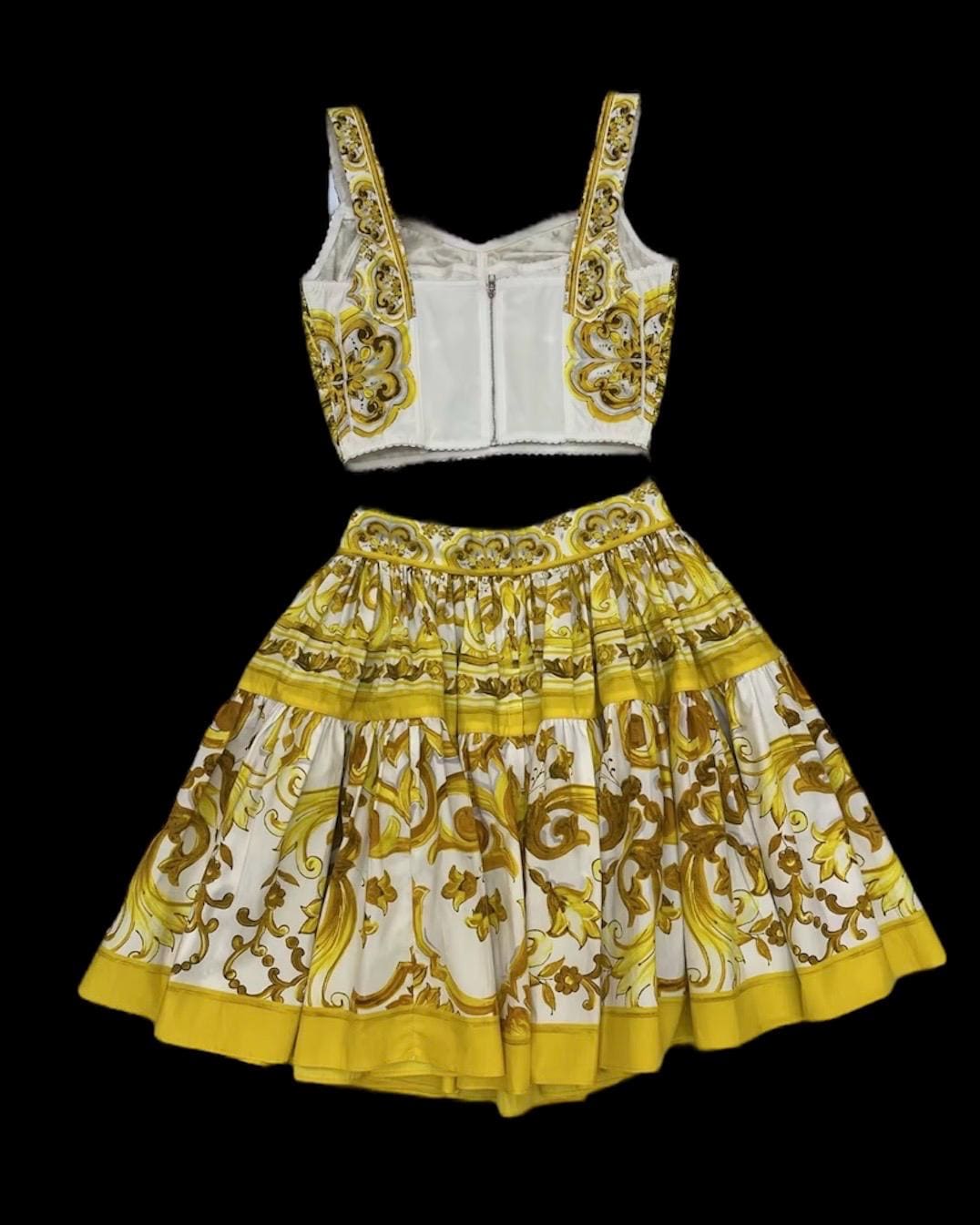 Italian designer Majolica style dress set, skirt and top 100% cotton Yellow colors