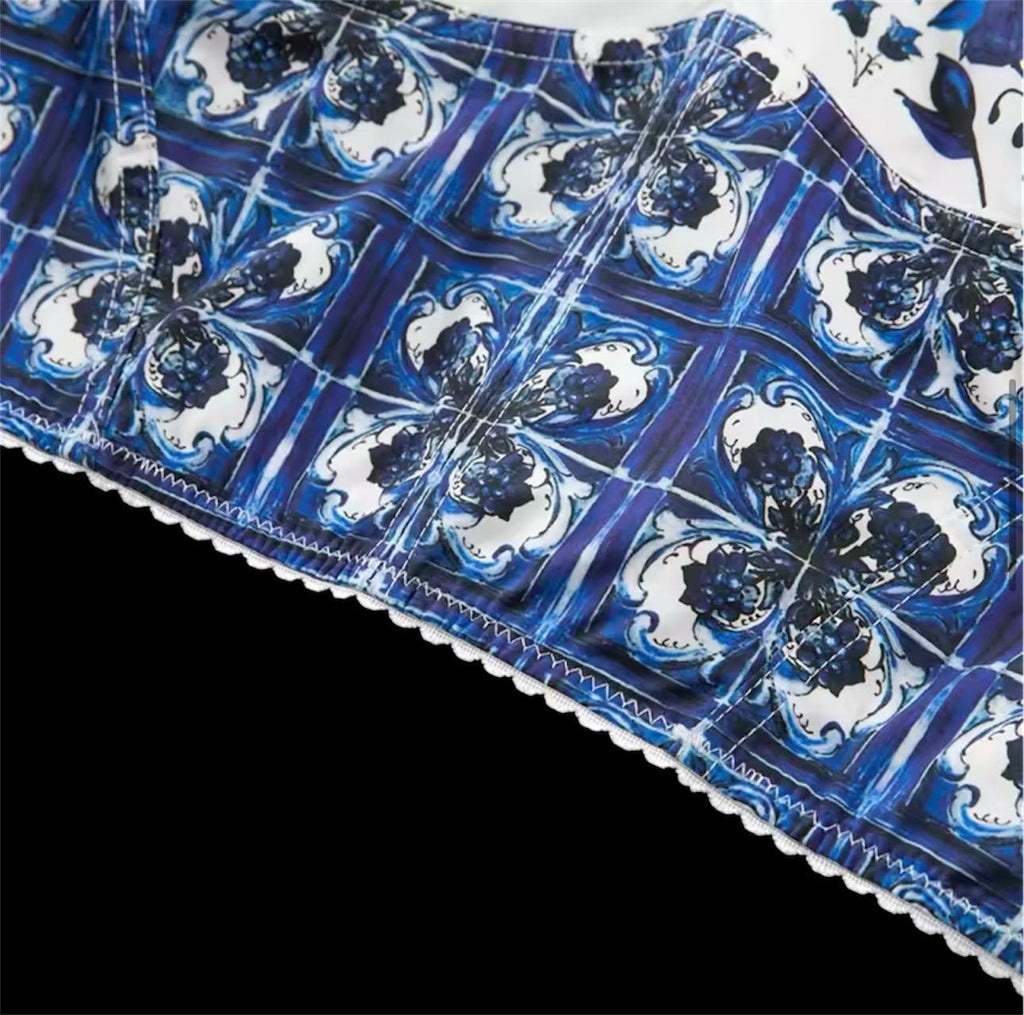 Handmade Italian Tiles Style Majolica print Set Crop Top and Skirt Summer dress cotton