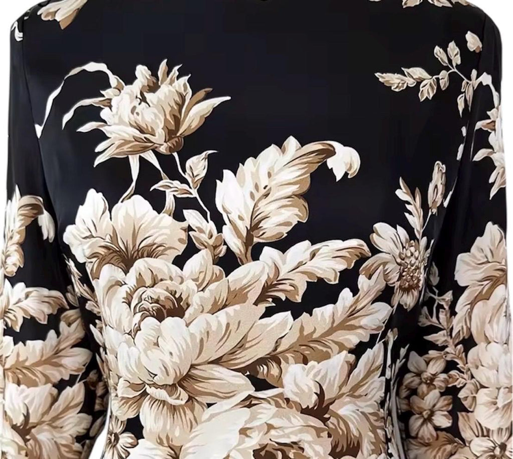 Handmade Italian Long sleeves Floral print 100% silk dress Black color