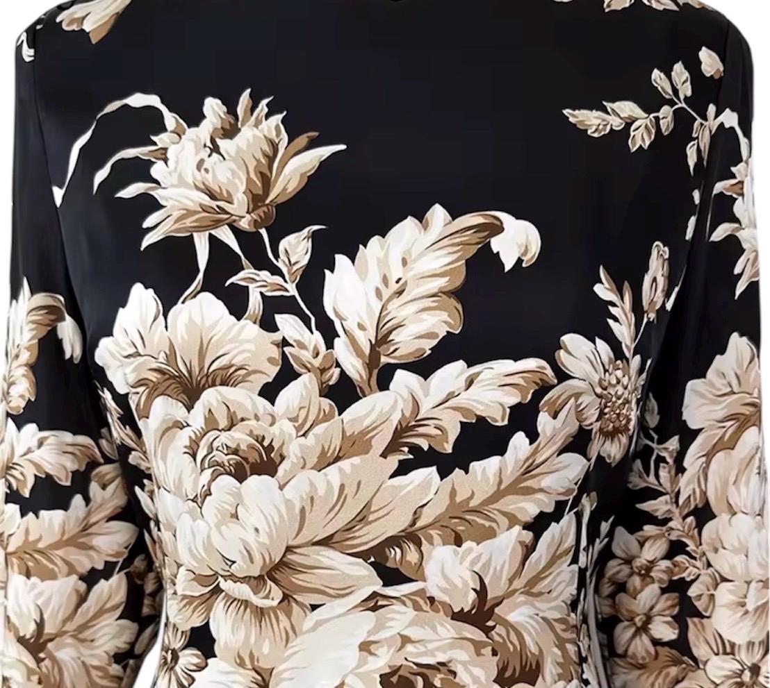Handmade Italian Long sleeves Floral print 100% silk dress Black color