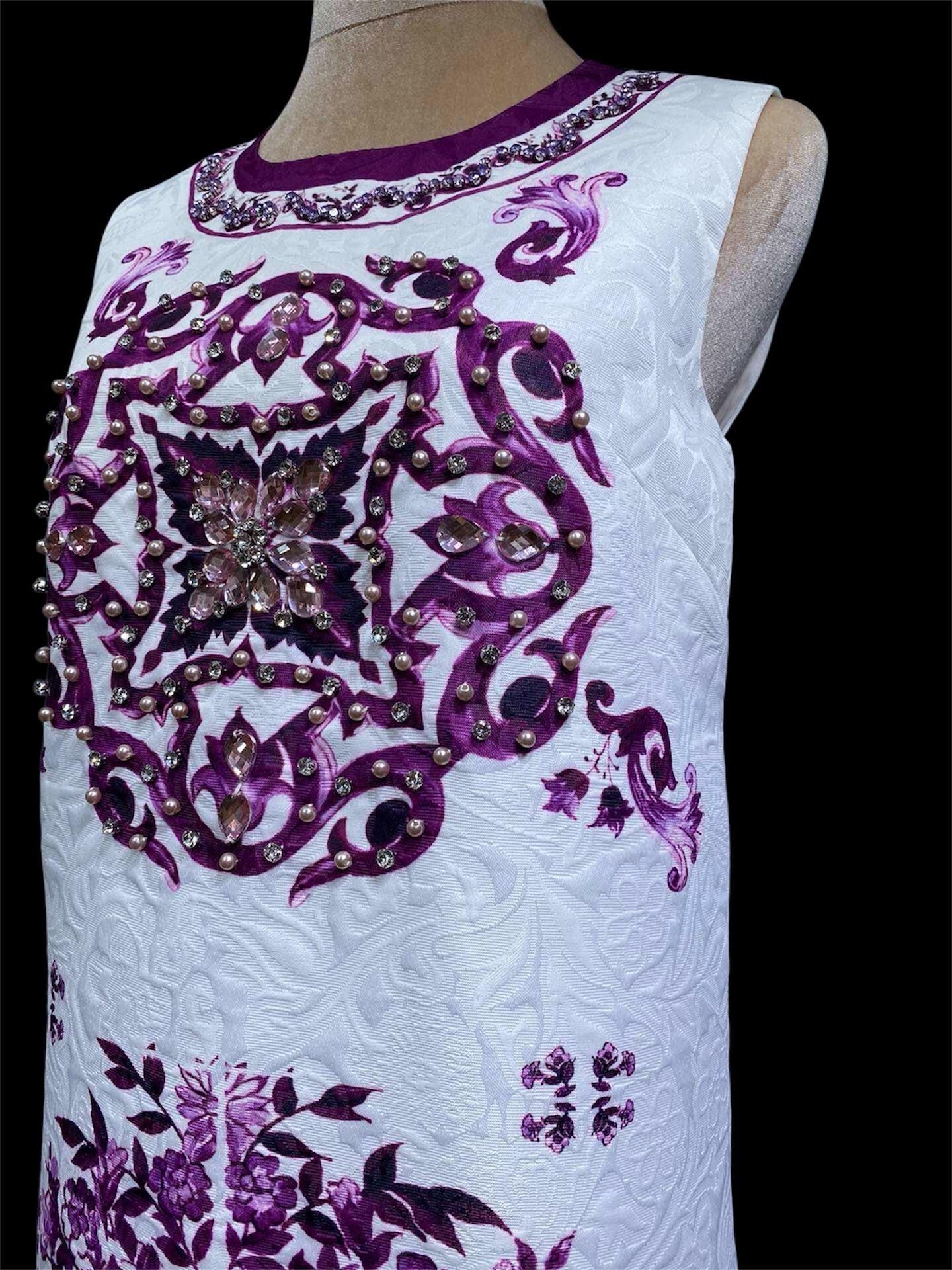 Italian Majolica Print Dress: Rhinestone Cotton Blend Occasion Dress