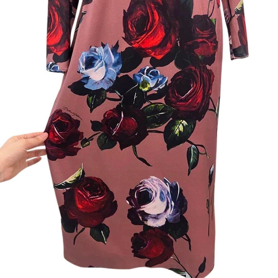 Italian Luxury Designer Floral long sleeve pure silk midi dress
