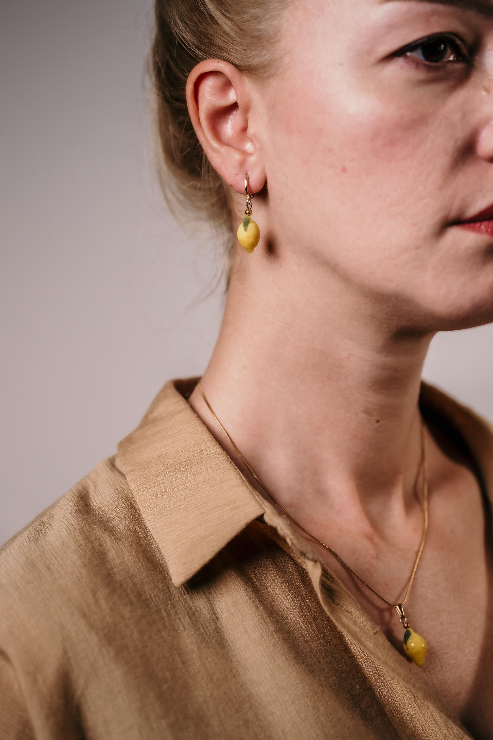 Handmade Murano Glass Lemon Earrings: Gold Plated Hoop Charm