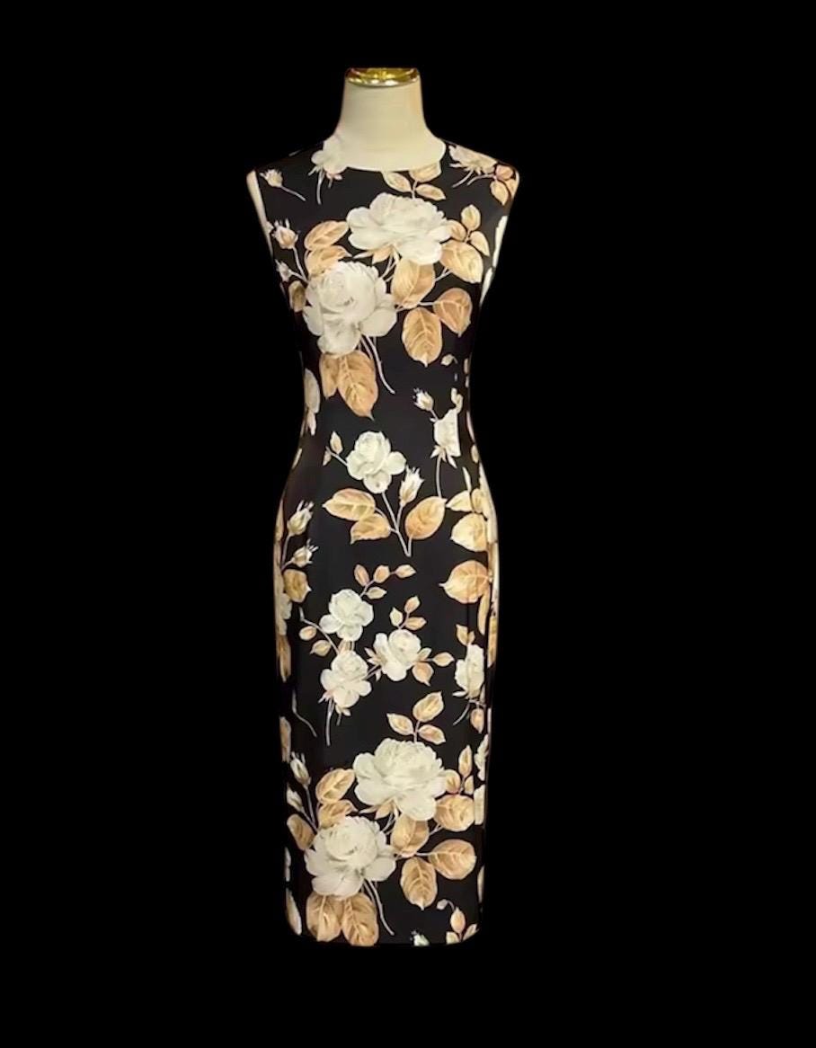 Handmade Italian Long sleeves Floral print 100% silk dress Black color