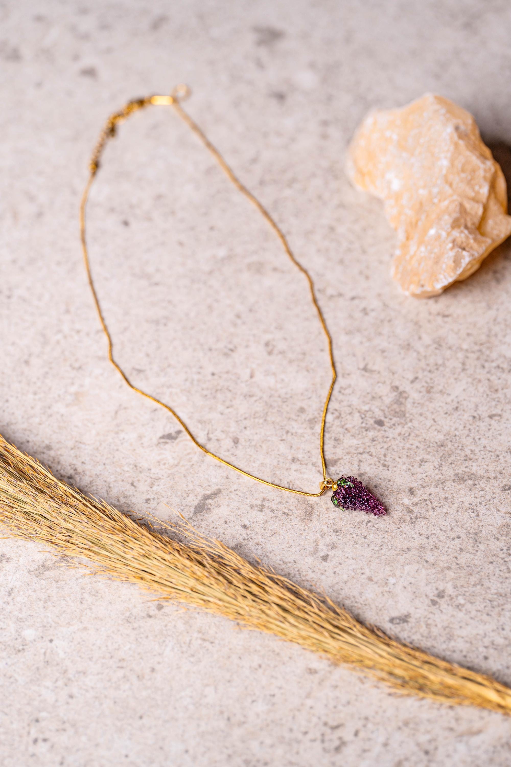 Handmade Murano Glass Grape Necklace: Gold Plated Charm