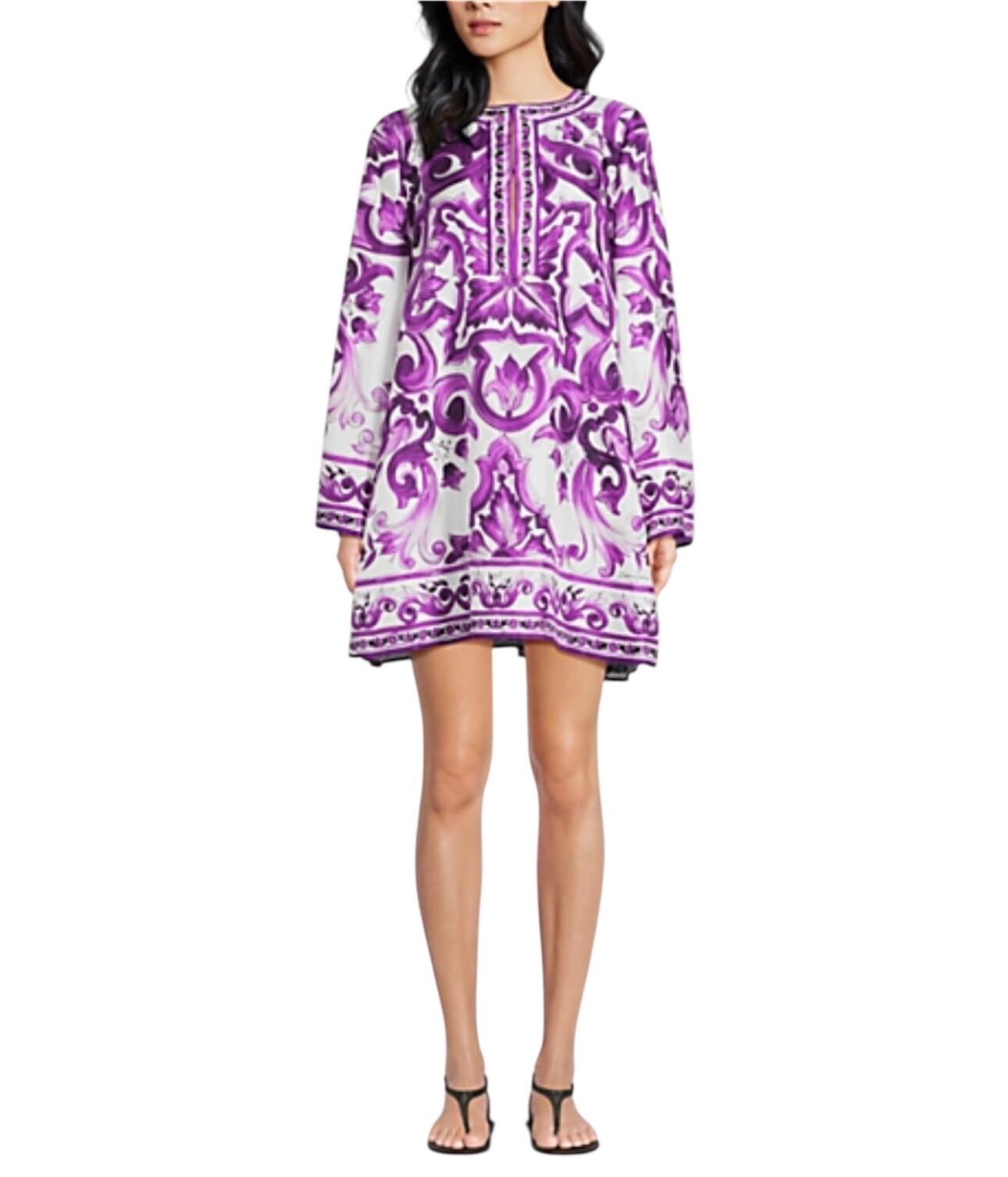 Handmade Italian Silk Brocade Mini Dress: Majolica Print Long Sleeve