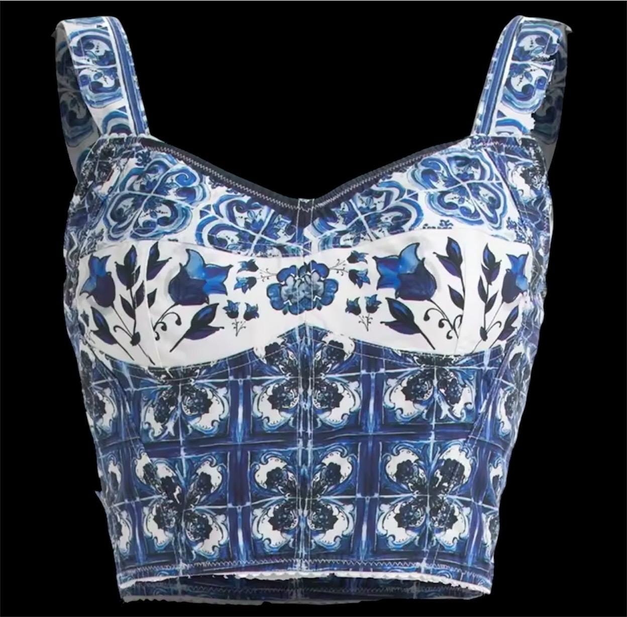Handmade Italian Tiles Style Majolica print Set Crop Top and Skirt Summer dress cotton