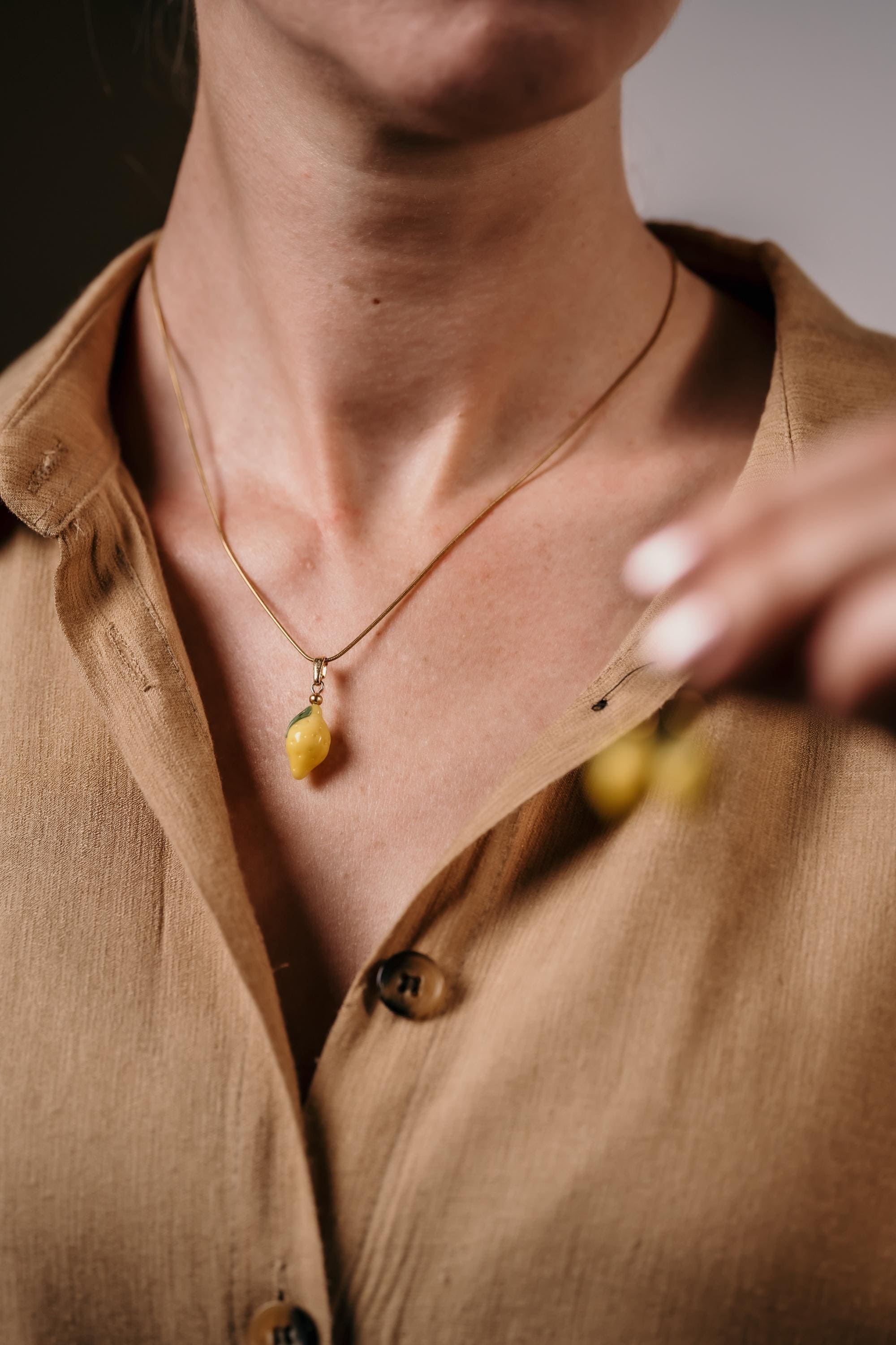 Handmade Murano Glass Lemon Necklace: Gold Plated Charm