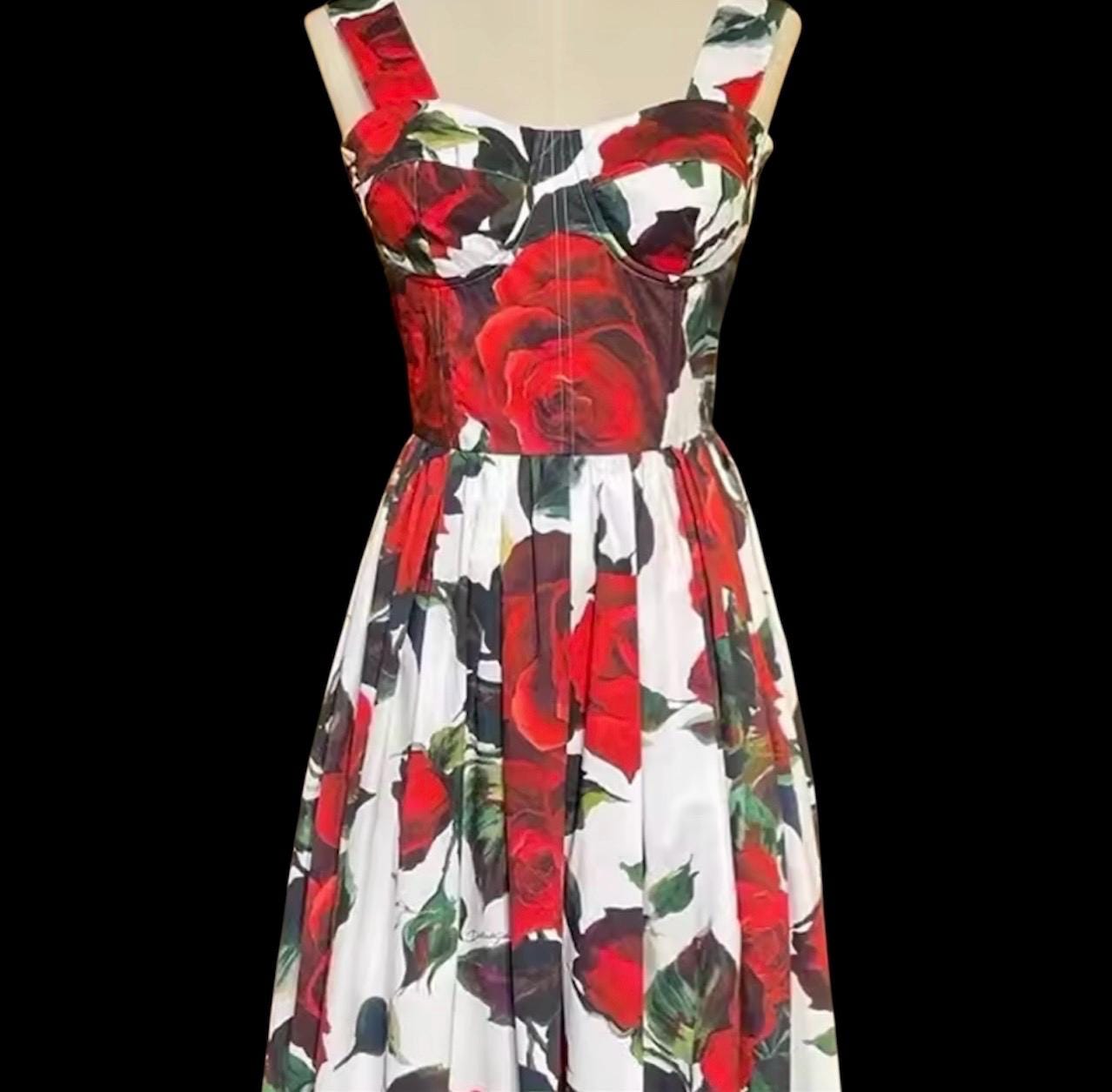 Handmade Italian designer floral-print roses print midi dress push up cotton dress