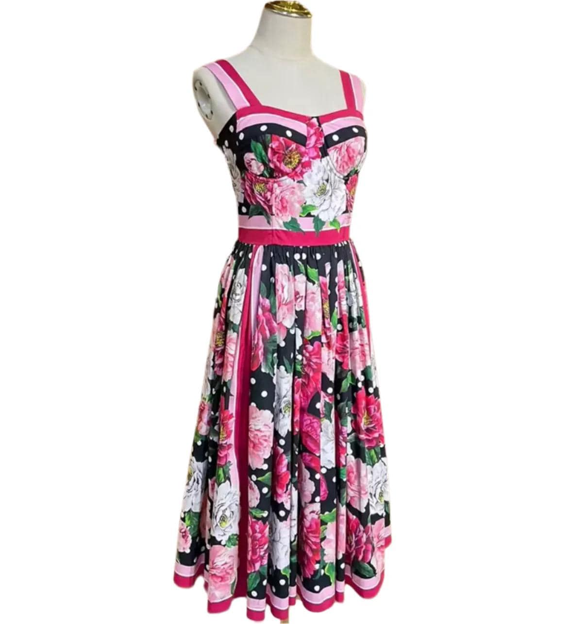 Italian Luxury designer Roses and Polka Dot print push up 100% cotton dress