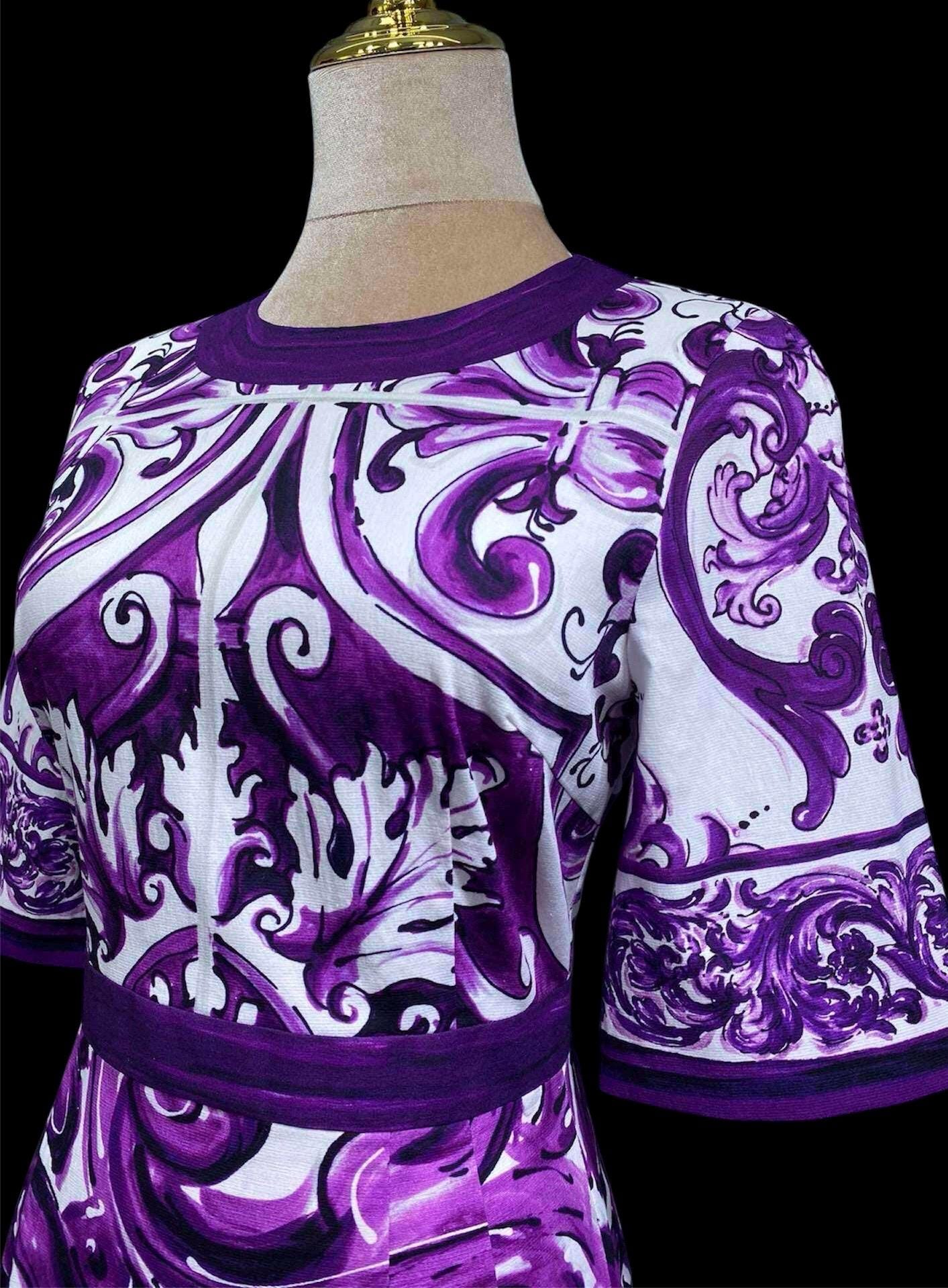 Italian Designer Cotton Mini Dress: Pink Roses Print, Purple Sleeves