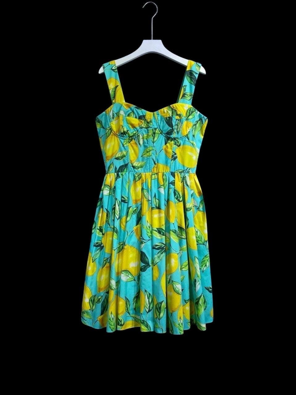 Handmade Italian Lemon Print Corset Mini Dress: 100% Cotton Summer Dress