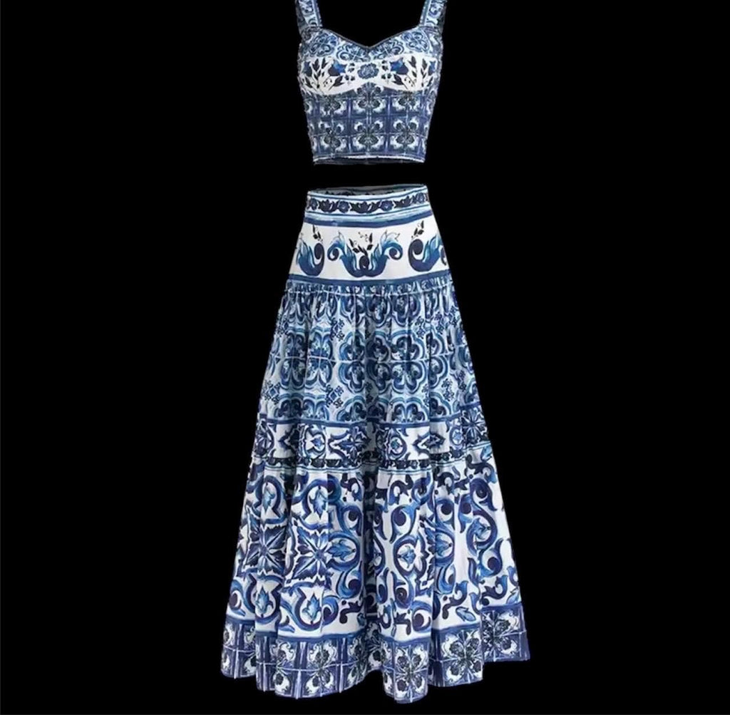 Handmade Italian Tiles Style Majolica print Set Crop Top and Skirt Summer dress cotton