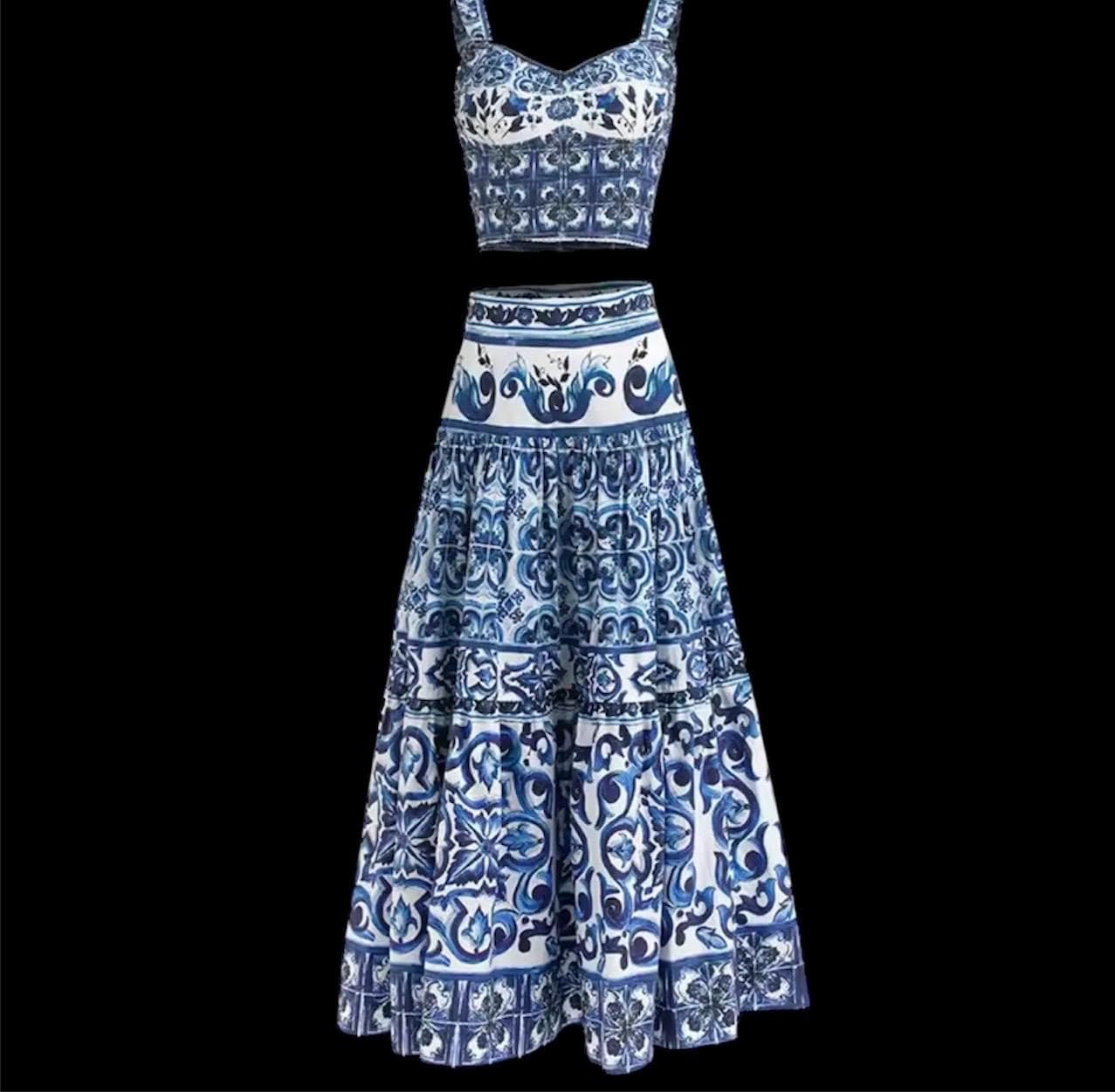 Handmade Italian Tiles Style Majolica print Set Crop Top and Skirt Summer dress cotton