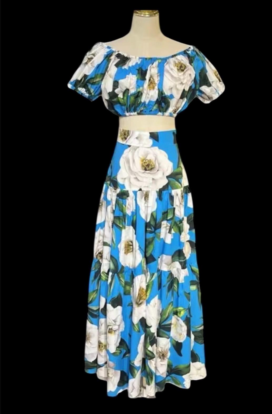Handmade Italian designer Long ruffled skirt in gardenia-print cotton and blouse | Gardenia Print set