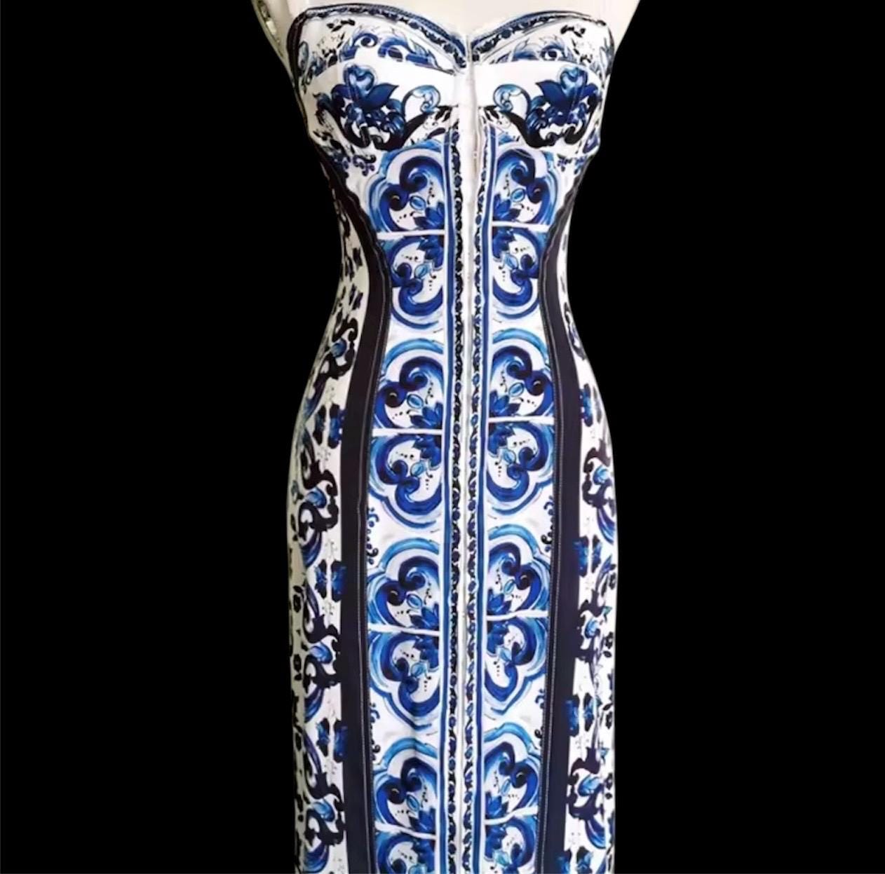 Hand made Italian Luxury Blue color Majolica 100% silk dress Summer dress