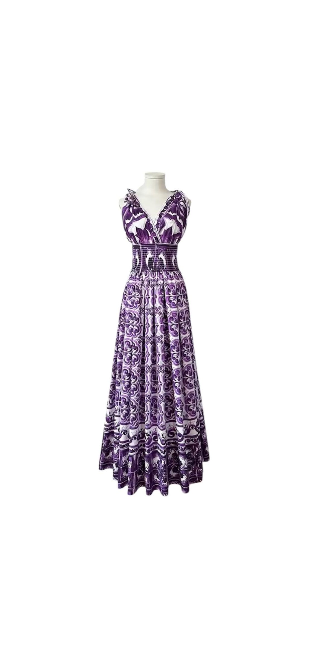 Handmade Italian Majolica Print Dress: Purple Cotton Shirt Sleeve