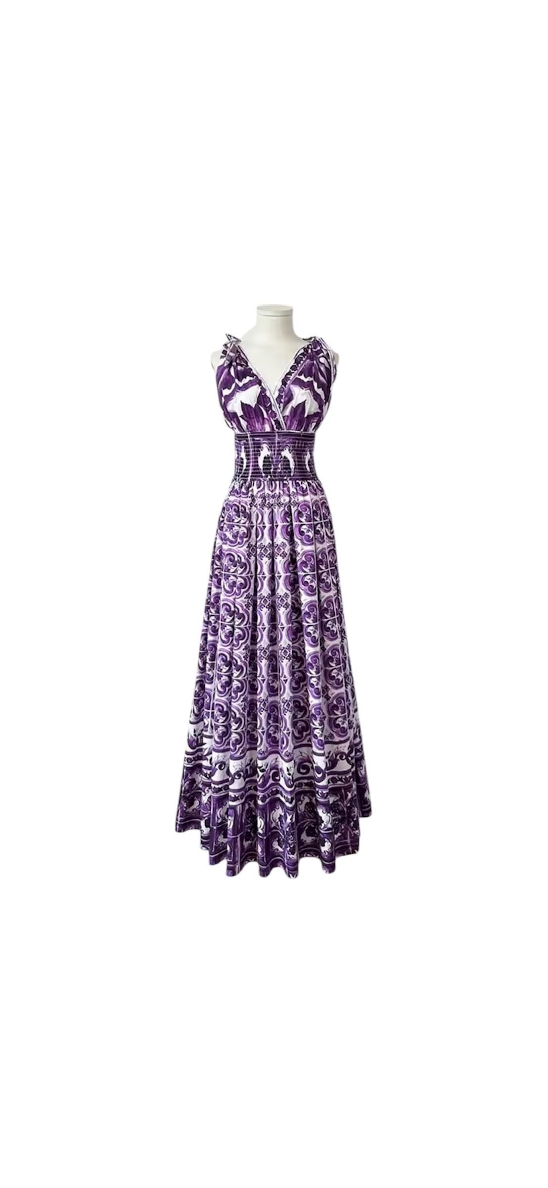 Handmade Italian Majolica Print Dress: Purple Cotton Shirt Sleeve