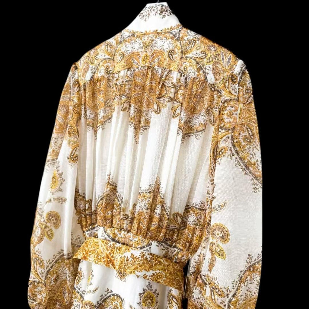 Linen Silk Maxi Dress: Handmade Italian Designer Parsley Print